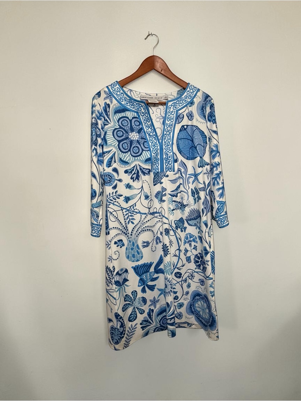 ⁠Gretchen Scott Fish Ocean Print Tunic Shift Dress Blue White Coastal Prep L